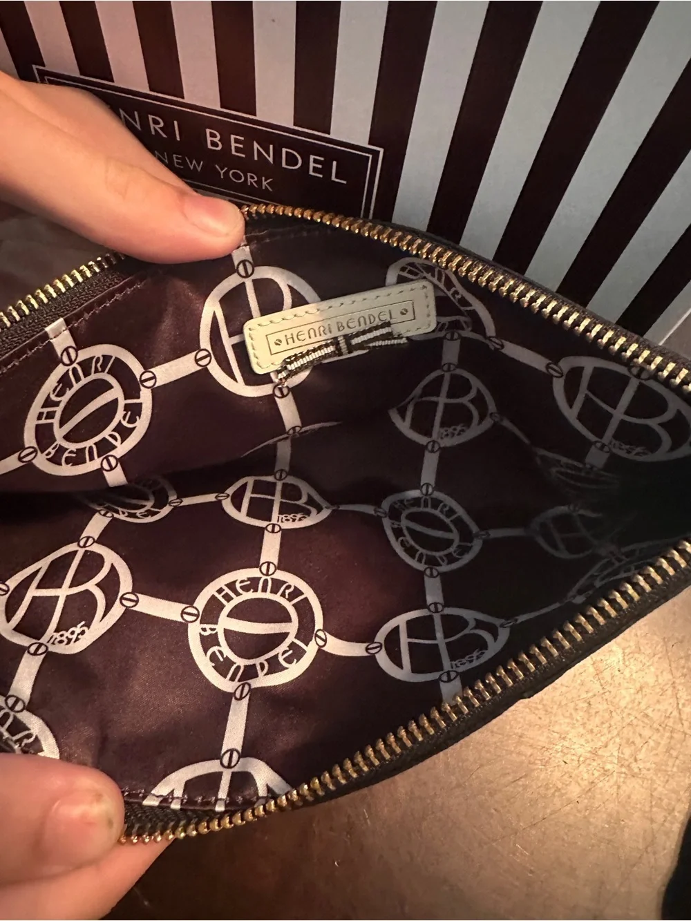 henri bendel Black Leather Zip Wallet with Gold Hardware